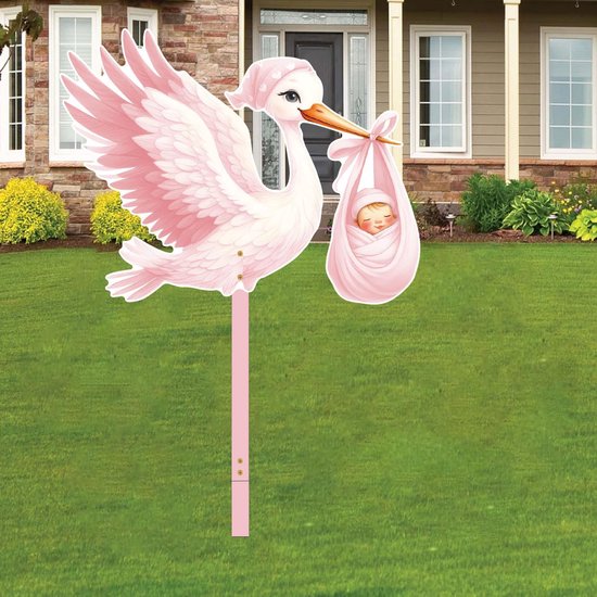 Birth Stork Outdoor - Pink Flap Stork voor Baby Geboorte - Dubbelzijdig 83 cm - Inclusief Houten Stok van Merkloos