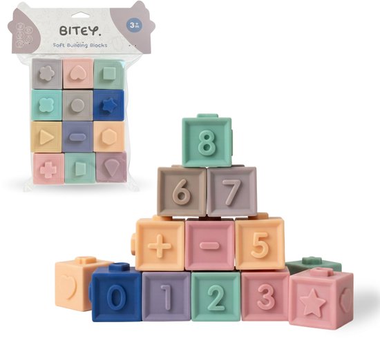 Bitey Baby Speelgoed - 12 Zachte Siliconen Stapelblokken voor Baby’s – BPA-vrij – Zacht & Veilig - BPA vrij - 3-24 maanden