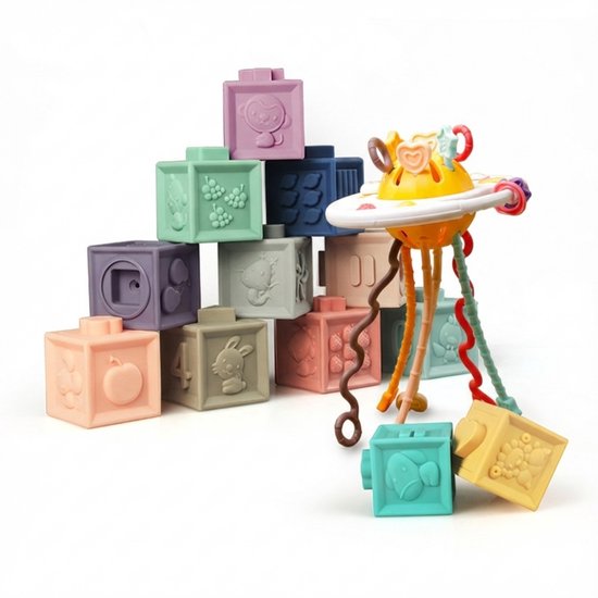 Bitey - Baby Speelgoed - Reisspeelgoed - Montessori Speelgoed - Baby Speelgoed 3 maanden - Kinderspeelgoed - Kraamcadeau- Ufo en Stapelblokken 2 in 1 van Merkloos