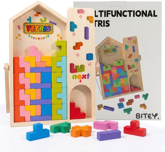 Bitey - Houten Montessori Tetris Puzzel – Educatief Peuter & Kleuter Speelgoed 3+ – 3D Blokken met Houder – Leuk Kerst Cadeau voor Kinderen van Merkloos