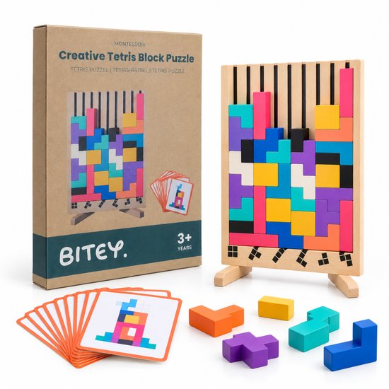 Bitey Houten Speelgoed Tetris Puzzel - Kinder Speelgoed - Leren & Spelen - Educatief Peuter & Kleuter Speelgoed 3 jaar - 3D Blokken met Houder + Opdrachtkaarten van Bitey