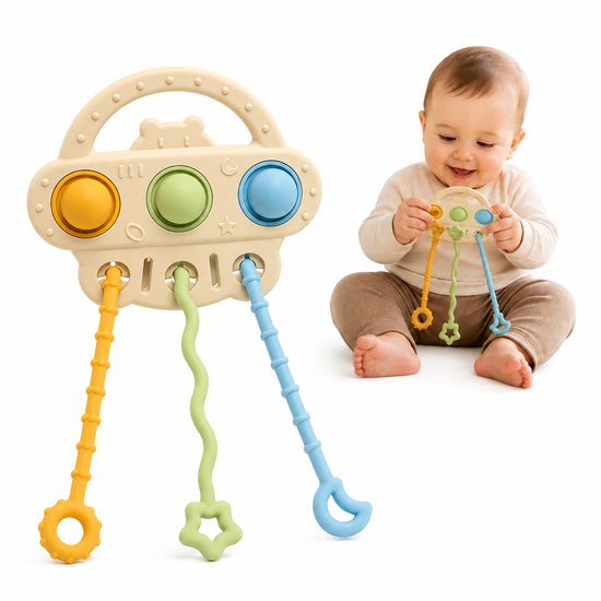 Bitey Sensorisch Trekspeeltje – Baby Bijtspeeltje met Trekkoorden & Pop Buttons – Montessori Speelgoed – Vanaf 3 Maanden