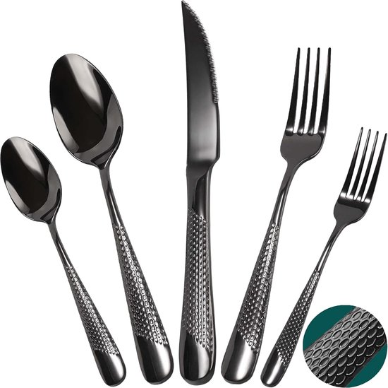 Black Premium bestekset voor 6 personen, 30-delige unieke gehamerd roestvrij stalen bestekset met steakmes, tafelvorken, slavorken, eetlepels, dessertlepel, vaatwasmachinebestendig van Black Satin.