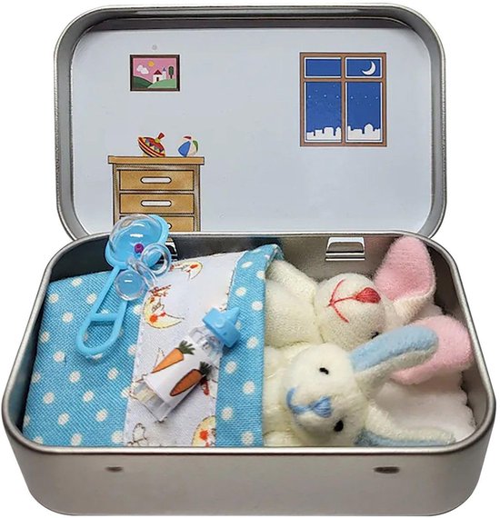 Blauw mini konijn pluche speelgoed in blikken doos - rustgevend knuffeldier voor kinderen, paascadeau & doe-het-zelf huisdier adoptieset van Merkloos