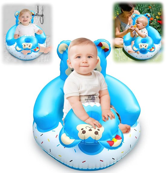 Blauwe opblaasbare baby leert-zitbankje met cartoon berenmotief, opblaas kinderzitje met bekerhouder, draagbaar waterbestendig speelzitje voor binnen en buiten