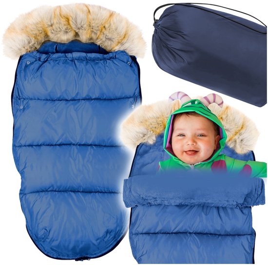 Blauwe voetenzak - kinderwagen - bont - tas - hoes - 90x45 cm