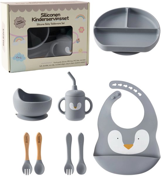 BLEMI Siliconen Kinderservies Set Blauw - 8 delig - Kinderservies - Babyservies - BPA vrij - Kraam Cadeau - Baby Cadeau van BLEMI