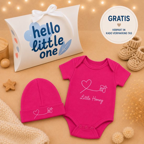 Blijeitje - Baby Cadeau Meisje - Luxe Kraamcadeau met Romper & Mutsje - Babyshower Geschenk Newborn - Hello Little One Honey Bee