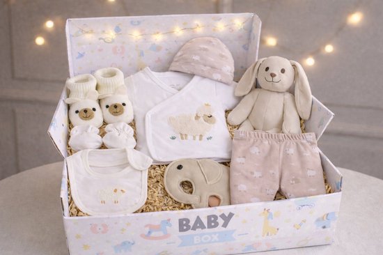 Blijeitje - Baby Cadeau Set - Kraamcadeau Newborn Unisex - Complete Baby Gift Box met Romper, Mutsje, kaartje, Krabwantjes, Broekje & Knuffel - Neutraal Schaap Design van Merkloos