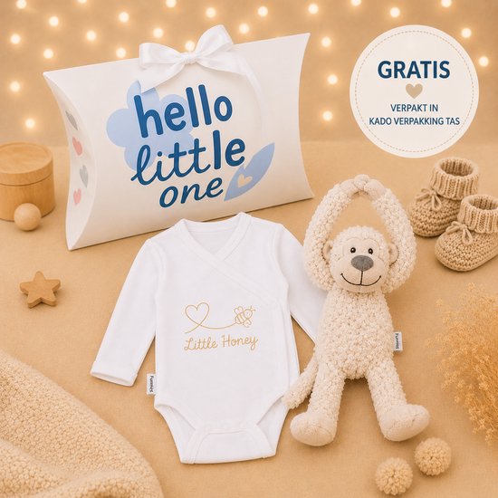Blijeitje - Baby Cadeau Unisex – Luxe Kraamcadeau met Romper & Slingeraapje – Babyshower Geschenk Newborn – Hello Little One Honey Bee