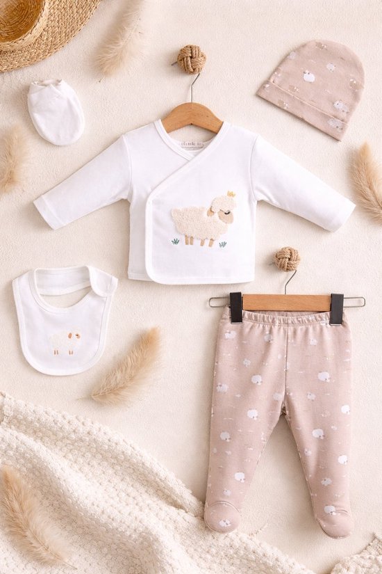 Blijeitje - Babykleding Set 5-Delig Schaapje jongen/meisje – Newborn Baby Kleding Unisex – Shirt, Broek, Muts, Slab & Handschoentjes – Zacht Katoen – Beige/Wit