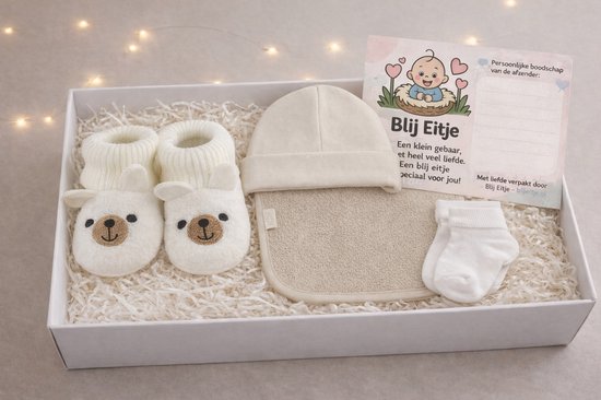 Blijeitje - Kraamcadeau Baby Geschenkset – Slofjes, Mutsje, Slab & Sokjes – Inclusief Cadeaudoos en Kaartje – Unisex Beige/Wit van Merkloos
