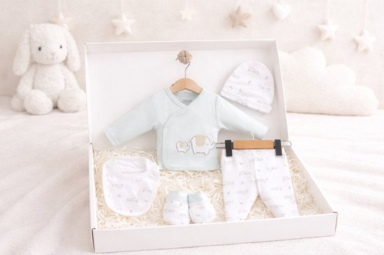 Blijeitje - Kraamcadeau jongen - Baby Cadeau Set - Complete Baby Gift Box met Romper, Mutsje, Krabwantjes, Broekje & Knuffel - Neutraal olifant Design van Merkloos