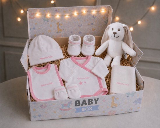 Blijeitje - Kraamcadeau meisje - Luxe 7-delige babycadeauset - Met Roze Mutsje, Krabwantjes, Slofjes, Overslagromper, Spuugdoekje, Slabbetje & Knuffel konijn - Welkomdesign