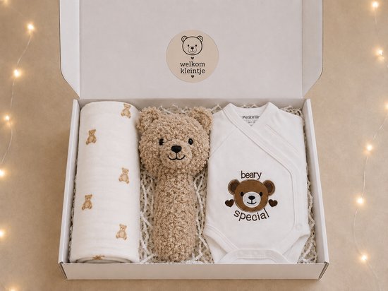 Blijeitje Kraamcadeau Unisex - Luxe Baby Cadeaupakket met Jollein Hydrofiele Doek, Teddy Rammelaar & Romper - Babyshower Cadeau - Gender Reveal - Newborn Cadeau