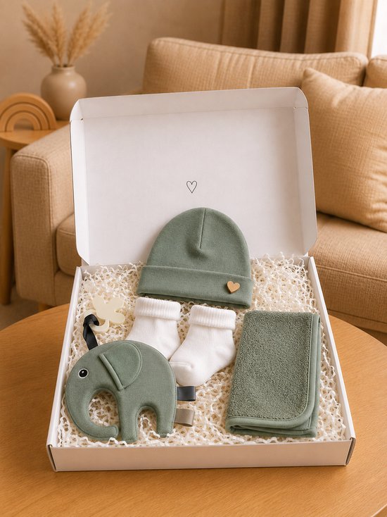 Blijeitje - Kraamcadeau voor Jongen – Babyshower Cadeau & Gender Reveal Gift Box – Baby Cadeau Set - Mutsje, Sokjes, Spuugdoekje & Tutpop Groen