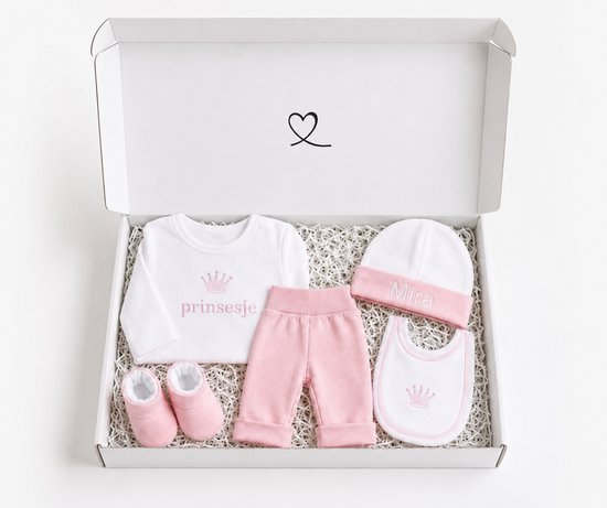 Blijeitje - Luxe 5-delige babycadeauset gepersonaliseerd - Kraamcadeau Meisje met Mutsje met naam, Krabwantjes, Slofjes, Shirtje & Broek - Prinses Design
