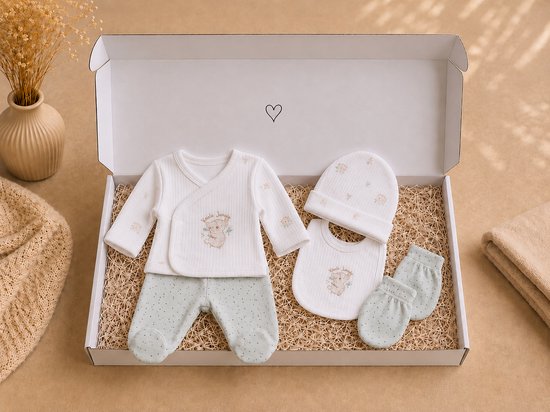 Blijeitje - Luxe 5-delige babycadeauset - Kraamcadeau Meisje met Mutsje, Shirtje, Broekje, Krabwantjes & Slab - Neutraal Koala Mint Design