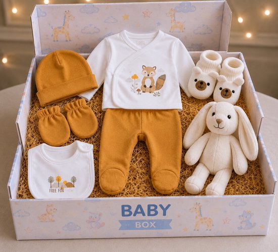 Blijeitje - Luxe 7-delige babycadeauset Groen – Kraamcadeau jongen - Babyshower & Gender Reveal Cadeau Giftset – Konijn Rammelaar, Babymutsje, Shirtje, Broekje, Slabbetje & Slofjes - Geel Vos Design