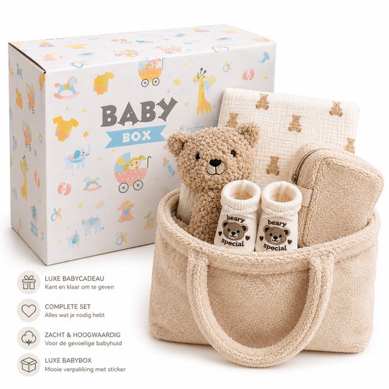 Blijeitje - Teddy Collection - Kraamcadeau unisex & Zwangerschapscadeau, Babyshower, Gender Reveal - Mom Bag Luiertas met Luieretui, Hydrofiele Doek, Rammelaar & Babyslofjes
