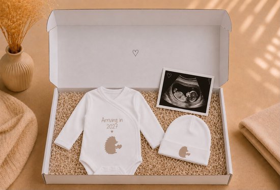 Blijeitje – Zwangerschapsaankondiging Baby Verwacht in 2027 – Luxe Kraamcadeau Set met Romper & Mutsje – Babyshower Cadeau – Newborn Geschenk Egeltje Design