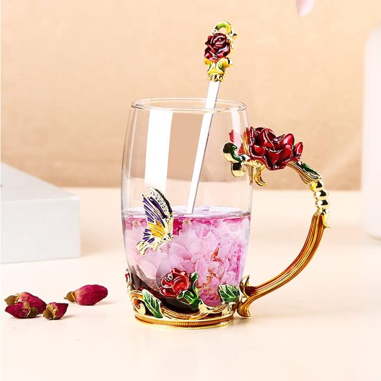 Bloem Glazen Theekopje, Emaille Glazen Kopjes met Delicate Lepel,Rozen Drinkbekers met Handgrepen Koffiebekers,Verjaardag, Valentijnsdag, Moederdag, Huwelijksverjaar (Rood, Hoog) van Bloem