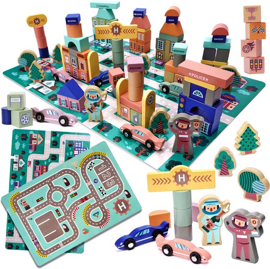 Blokken speelgoed met speelmat - Educatieve houten blokken - Speelgoed - 160 stuks - Blokken speelset - Ontwikkelingsspeelgoed - Stimuleert Motoriek en Creativiteit van Mamabrum