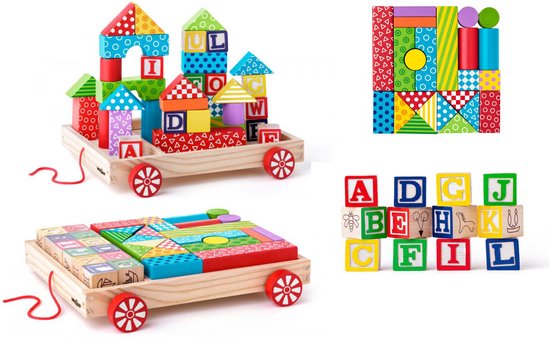 Blokkenkar klein - Incl. 36 blokken - Hout - 27x24x6cm van Jouéco