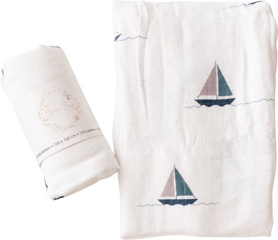 Bloomie Baby | Hydrofiele Doek XL Bootjes – 120x120 cm | Baby Doek Bamboe | Kraamcadeau