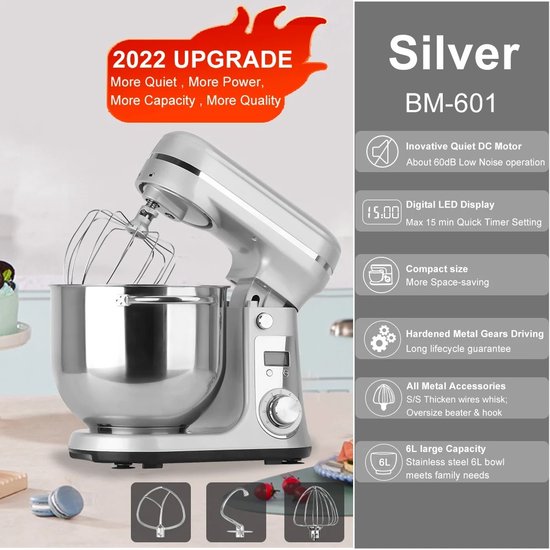 Bloominggoods® Bloominggoods® Mixer met Mengkom - Deegmixer - Kneedmachine - 6 Snelheden - 1200 Watt - Zilvergrijs - 6 Liter Mengkom - Digitaal Display van Bloom