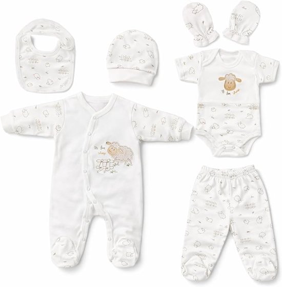 Blue Eyes babycadeauset voor pasgeborenen, 100% natuurlijk katoen, eerste uitrusting, uniseks kleding, cadeauset, 6 delig, babyuitrusting voor baby's van 0-4 maanden (lam) van Merkloos