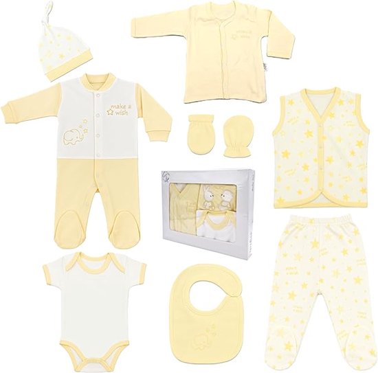 Blue Eyes Babycadeauset voor pasgeborenen, 100% natuurlijk katoen, eerste uitrusting, uniseks, kleding voor baby's van 0-4 maanden, 8-delig, stergeel. van Merkloos