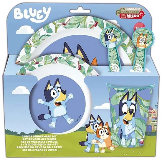 Bluey Kinderservies - 5-delig - Herbruikbaar - Inclusief bord, kom, bestek en beker - Vaatwasser- en microgolfbestendig & BPA-vrij - Wit/Blauw