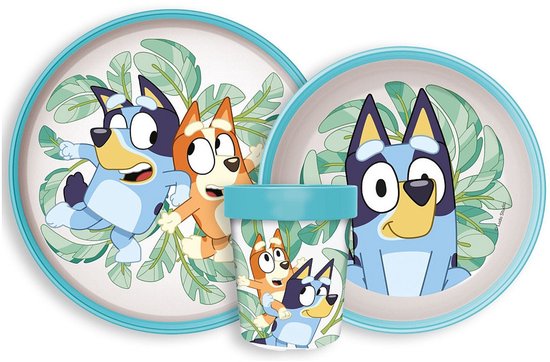 Bluey Serviesset - Beker 260 ml - Diepe kom - Plat bord - 3 stuks - Tropical - Antislip eetset - Voor verjaardagen en feestjes - Voor kinderen van Merkloos
