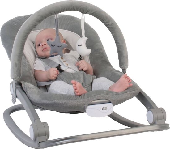 Bo Jungle - Schommelstoel en zitje in 1 - Wipstoel - Bouncer - Baby tot kleuter - Tot max. 18 kg - Inclusief Speelboog en verkleinkussen - Meegroeiende Swing - Zachte stof - Muziek en vibratie functies - Rocker Grijs van Bo Jungle
