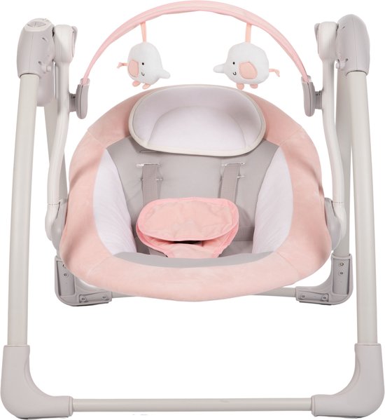 Bo Jungle - Schommelstoel - Swing Baby - Tot max. 9 kg - Inclusief Speelboog - Verstelbaar - Zachte stof - Muziek vibratie functies en natuurgeluiden - Timerfunctie - Netstroom kabel of batterijen - Plooibaar - Portable Swing Dolphy Grijs Roze van Bo Jungle