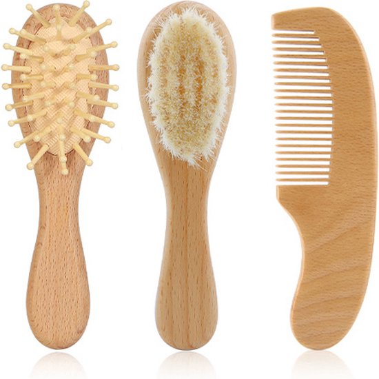 Bo Jungle - Set zachte borstelset voor Baby - 3 stuks: 2 borstels en 1 kam - Natuurlijke materialen - Afgeronde tandjes - Baby Care Brushes (3 stuks)