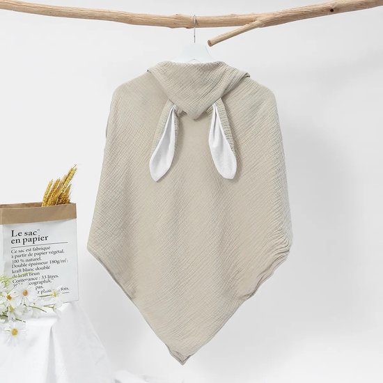 Bo & Mila Badcape met Oren - Baby - Peuter - Khaki - 75x75cm - Hydrofiel - Capuchon - Badponcho van Bo & Mila