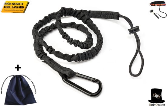 Bob Online ™ - 1 Stuk – Zwart – Gereedschaplijn – Gereedschaplanyard – Elasticate Tool Lanyard – Maximum Load Capacity 2 kg – Elastisch Gereedschap Lanyard – Gereedschap Valbeveiliging Koord van Bob Online™