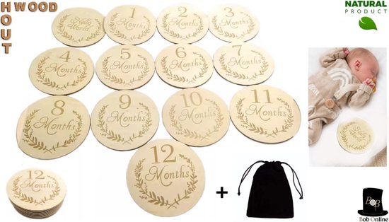 Bob Online ™ - 13 Stuks – Mijlpaal Houten Schijven – Milestone Wooden Disks – Mijlpaal Schijven van Hout – Baby Foto Kaarten – Baby Photo Props – Rekwisieten voor Babyfoto’s – Baby Foto Aankondigingen Houten Schijven 0 – 12 Months + Opberg Zakje
