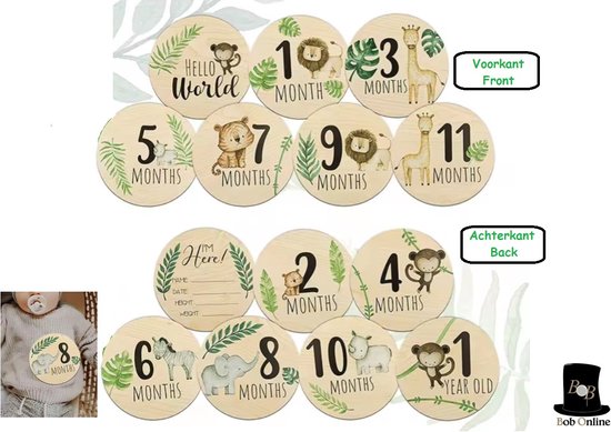 Bob Online™ - 7 Stuks – Omkeerbare Houten Dieren Ontwerp – Mijlpaalschijven – Baby Foto Rekwisieten – 7 Pieces – Reversible Wooden Animal Design – Milestone Discs – 1 Maand t/m 1 Jaar – 10 cm Groot – Baby Mijlpaalschijven van Bob Online™