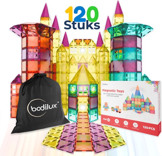 Bodilux® Magnetic Tiles incl. ideeënboekje en opbergtas 120 stuks - Magnetisch Speelgoed – Magnetische tegels - Magnetic Tiles Speelgoed - Montessori Speelgoed - Jongens & Meisjes - Sinterklaas