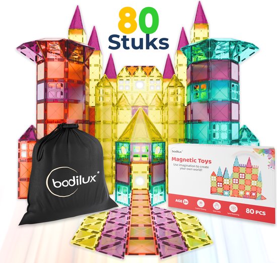 Bodilux® Magnetic Tiles incl. ideeënboekje en opbergtas 80 stuks - Magnetisch Speelgoed – Magnetische tegels - Magnetic Tiles Speelgoed - Montessori Speelgoed - Jongens & Meisjes