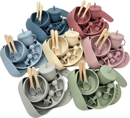 BOECK - Kinderservies - Babyservies - Serviesset met o.a. slabbetje, bord met zuignap en deksel, drinkbeker en kinderbestek | Siliconen | Magnetron-, Oven- & Vaatwasserbestendig | Kraamcadeau | 9-delig | Grey | Grijs van BOECK