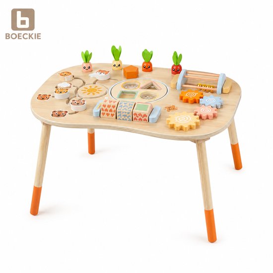 BOECKIE Montessori Activiteitentafel Hout – Houten Speeltafel met Activiteiten – Motoriek & Vormensorteerder – Educatief Speelgoed – Vanaf 1 Jaar