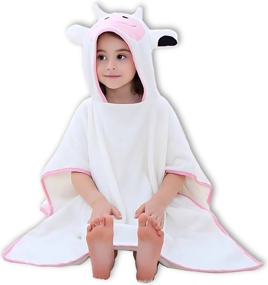 BoefieBoef 2-in-1 Koe Dieren Badponcho & Badlaken voor Baby's, Peuters en Kinderen 1 tot 7 jaar – Eco Bio Katoen – Kerst Cadeau - Comfortabele Zwemponcho - Deken - Badcape - Wikkeldeken - Roze van Merkloos