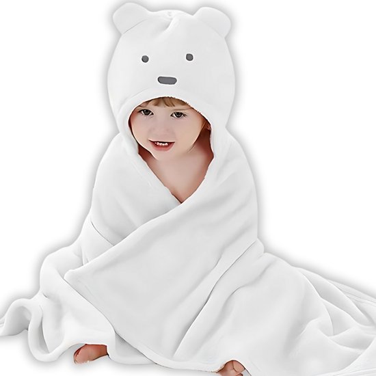 BoefieBoef 2in1 Baby Badcape en Kinder Wikkeldeken met Dieren Capuchon – Fleece Flanel Stof – Peuter Omslagdoek – 0-3 jaar - Kleuter Baby deken - Baby Badjas – Witte beer - Kerst Cadeau van BoefieBoef