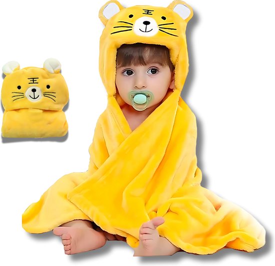 BoefieBoef 2in1 Tijger Baby Badcape en Kinder Wikkeldeken met Dieren Capuchon – Fleece Flanel Stof – Peuter Omslagdoek – 0-3 jaar - Kleuter Baby deken - Baby Badjas - Kerst- en Kraamcadeau - geel van Merkloos