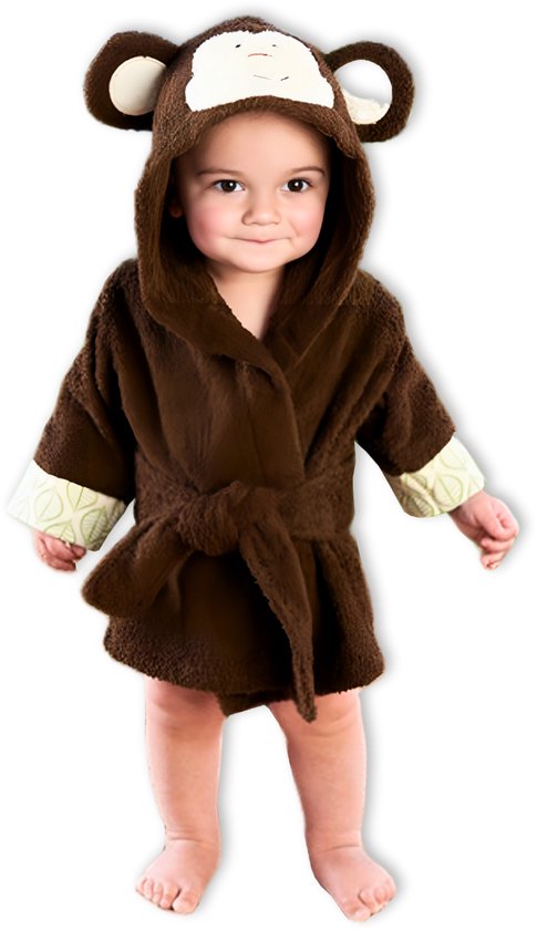 BoefieBoef Aap Kinder Badjas Baby & Peuter 0-2 Jaar (Max 85 cm) – Zacht Katoen Badstof met Dieren Capuchon – Absorberende Ochtendjas Handdoek voor Jongens & Meisjes – Zwemles, Carnaval, Verjaardag & Kraamcadeau – Perfect na Bad & Zwemmen - Bruin van BoefieBoef