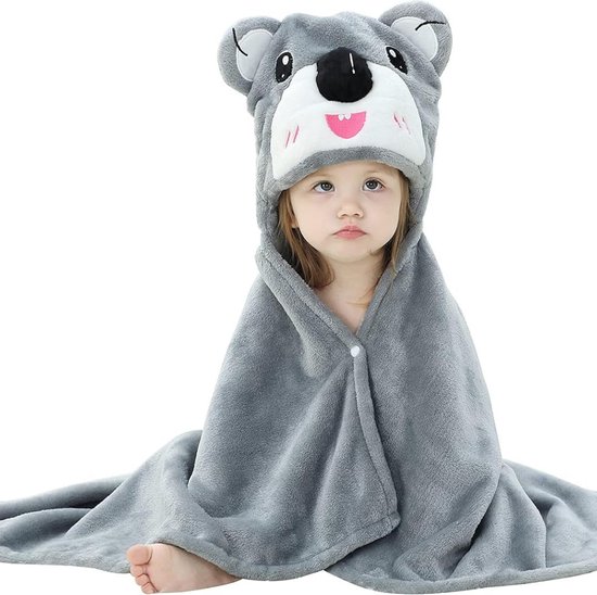 BoefieBoef Baby Kinderdeken Koala - Superzachte Flanellen Fleece Badcape, Wikkelcape en Speelkleed in één - jongens en meisjes - Kinderdeken voor Peuters - Origineel Kraamcadeau, Kerstcadeau en Carnaval Outfit - Babykleedje met Dierenprint - Grijs van BoefieBoef